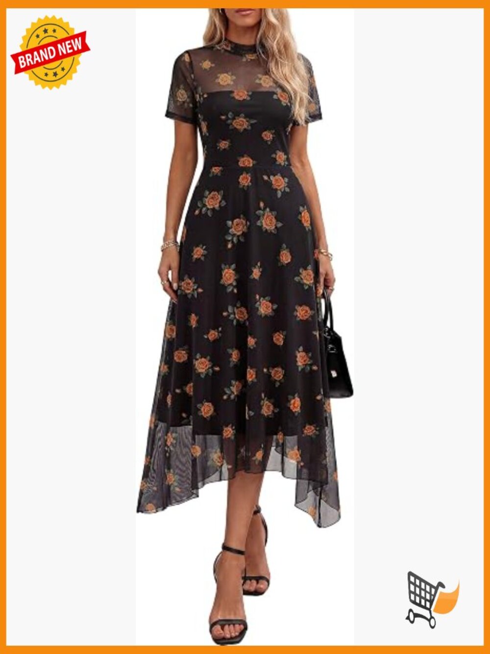 Short Sleeve Floral Mesh Sheer Midi Dress Cocktail Party Wedding Guest